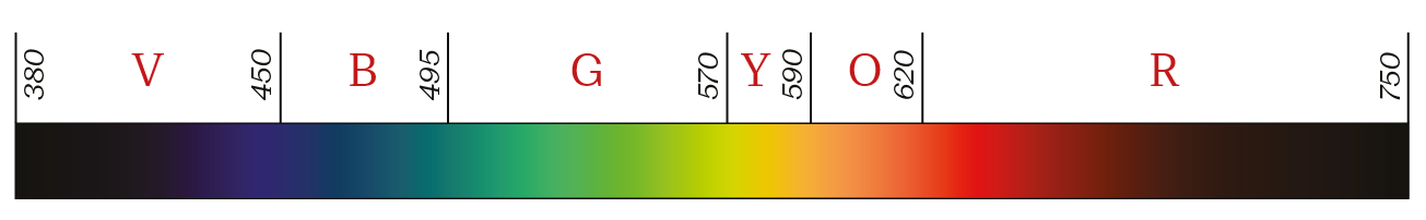 The wavelength ranges for visible colors are not equal.